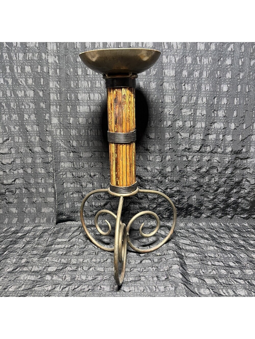 Candle Holder - 20 Inch Tall Vintage Distressed Wrought Iron And Bamboo Pillar